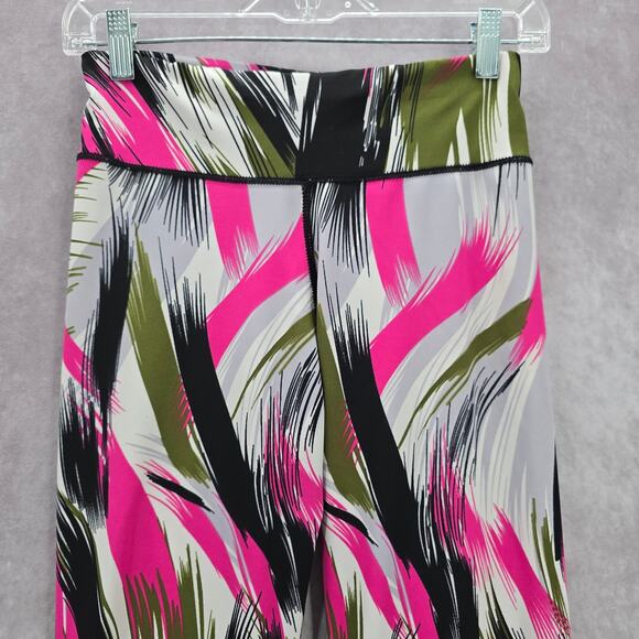 Green Pink Print Capri Cropped Stretch Active Pants Bottoms Leggings M/L - Picture 3 of 6